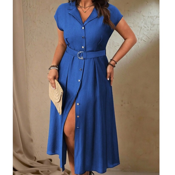  Plus Solid Button Down Belted Short Sleeve Midi Dress - Picture 1 of 10